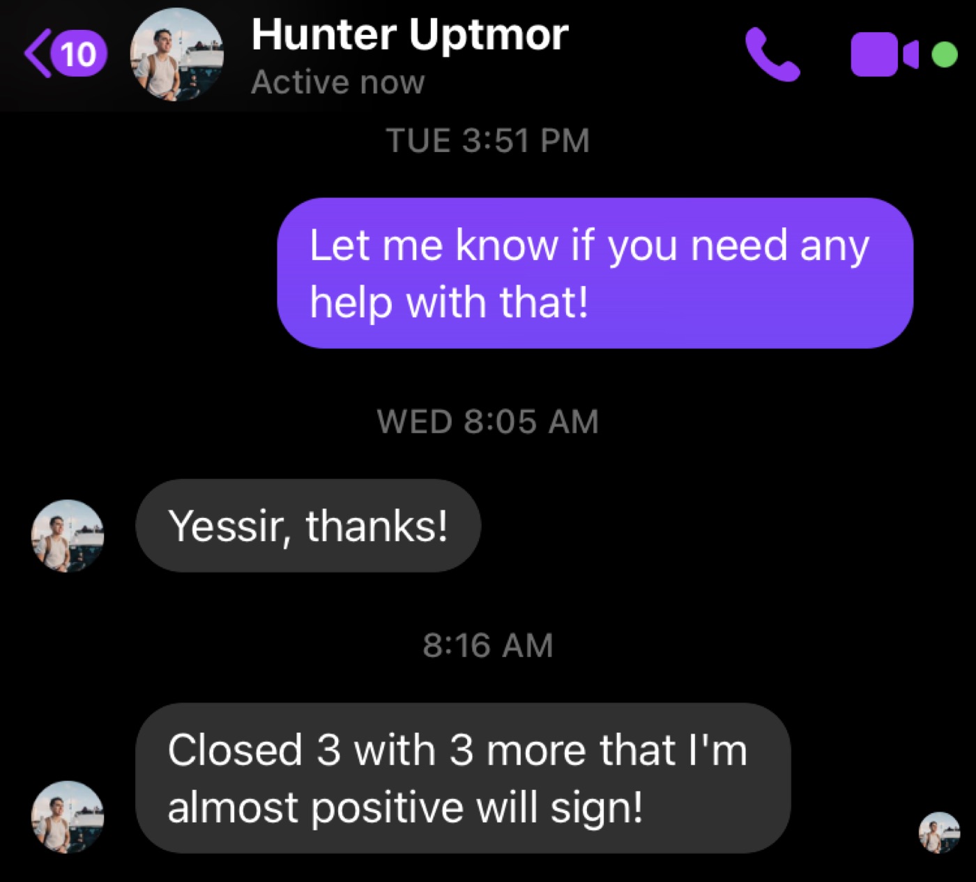 Member message from Hunter: closed 3 clients with 3 more almost certain to sign