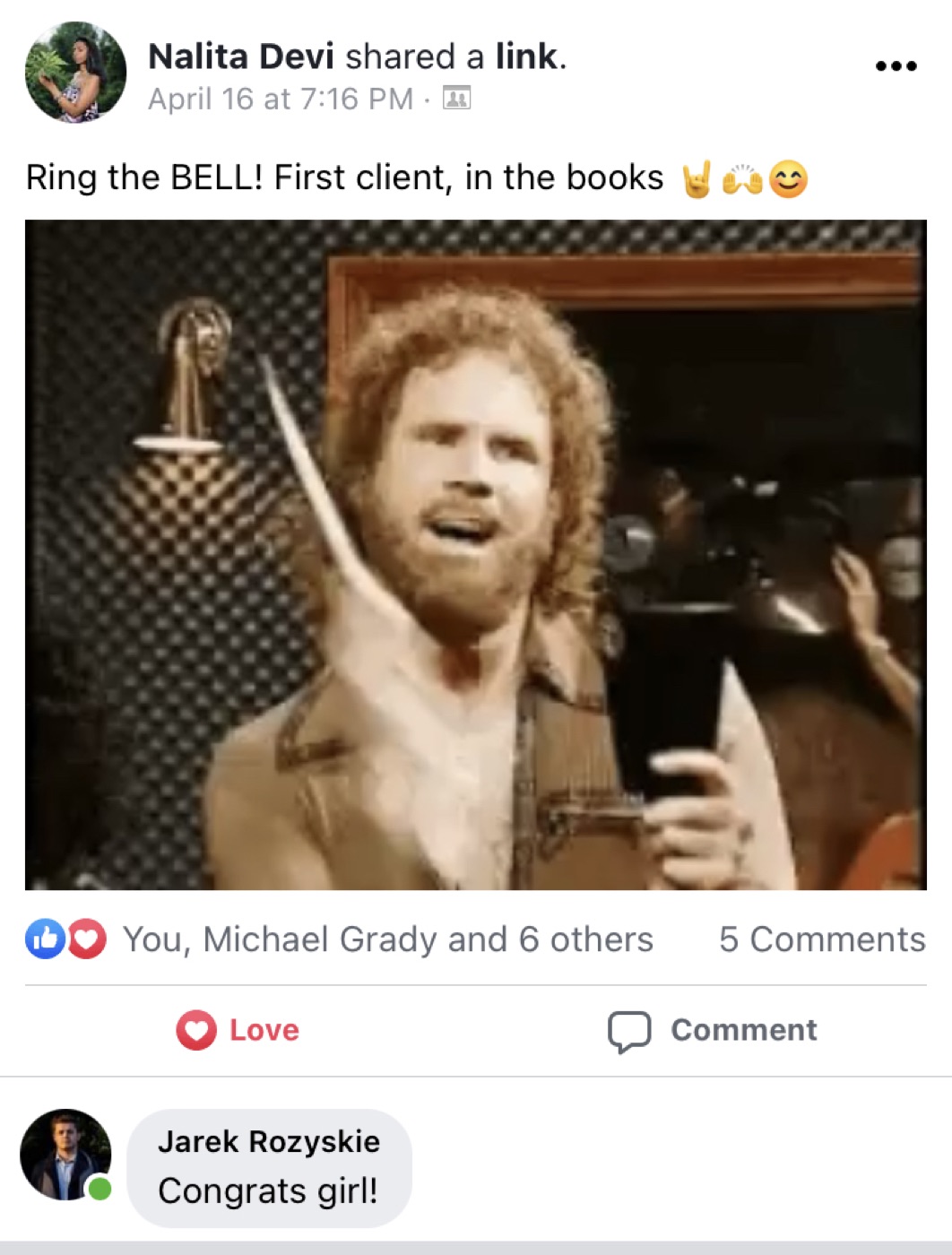 Community post from Nalita Devi: ring the bell, first client in the books