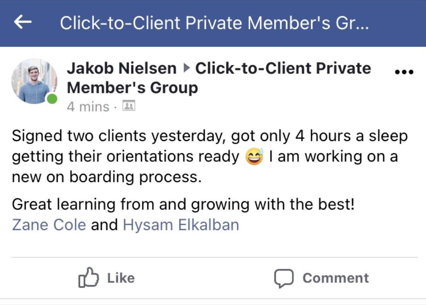 Community post from Jakob Nielsen: signed two clients yesterday, great learning and growing with the best