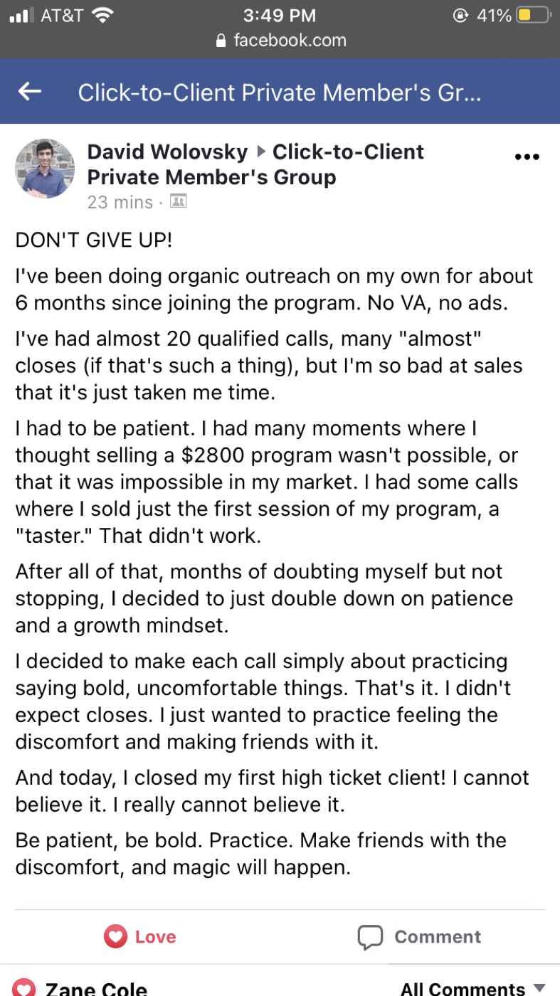 Community post from David Wolovsky: after months of practice, closed my first high ticket client
