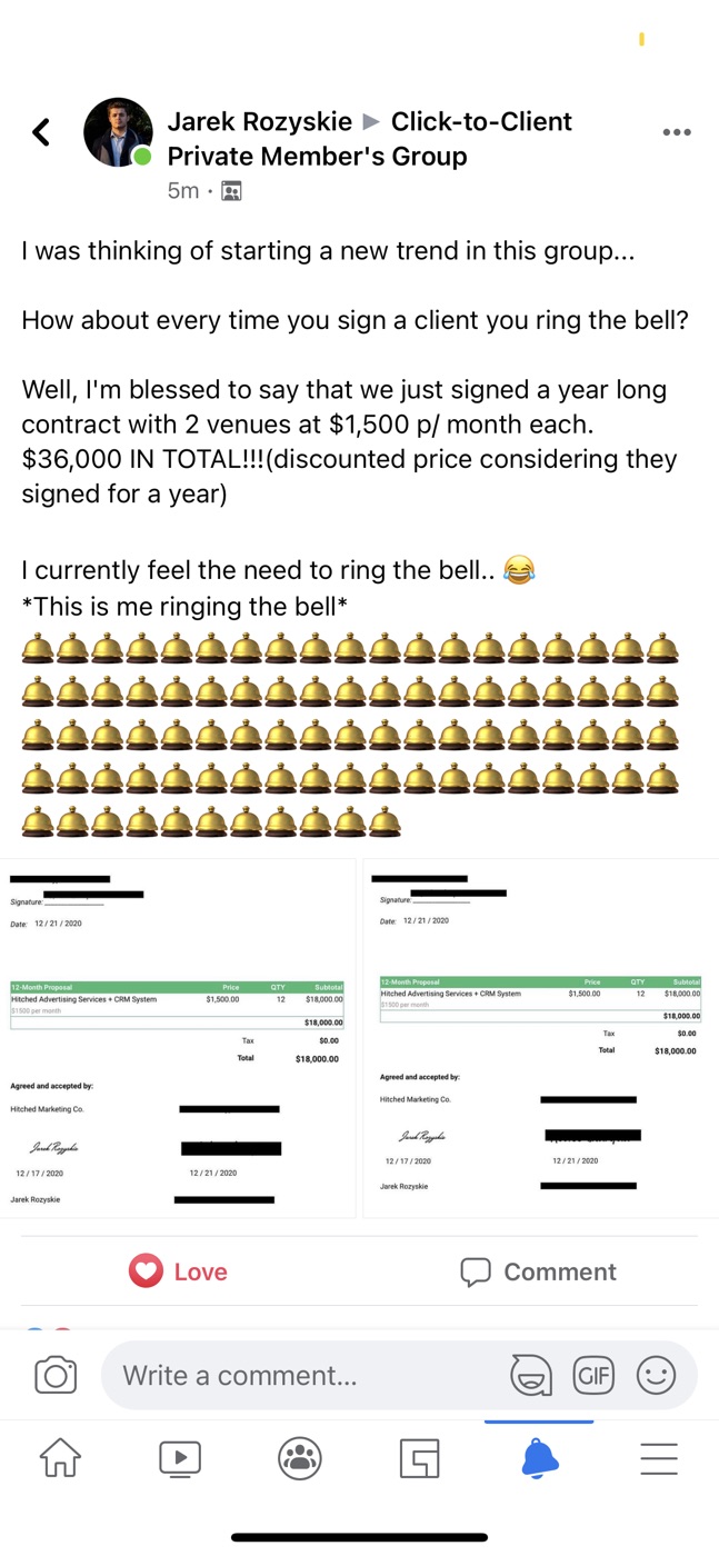 Community post from Jarek: signed a year-long contract with 2 venues at $1,500 a month each, $36,000 in total