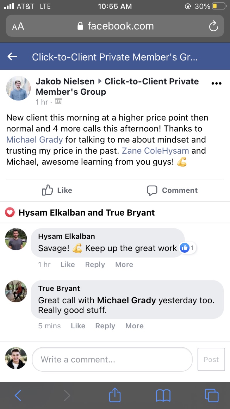 Community post from Jakob Nielsen: new client at a higher price point plus 4 more calls this afternoon