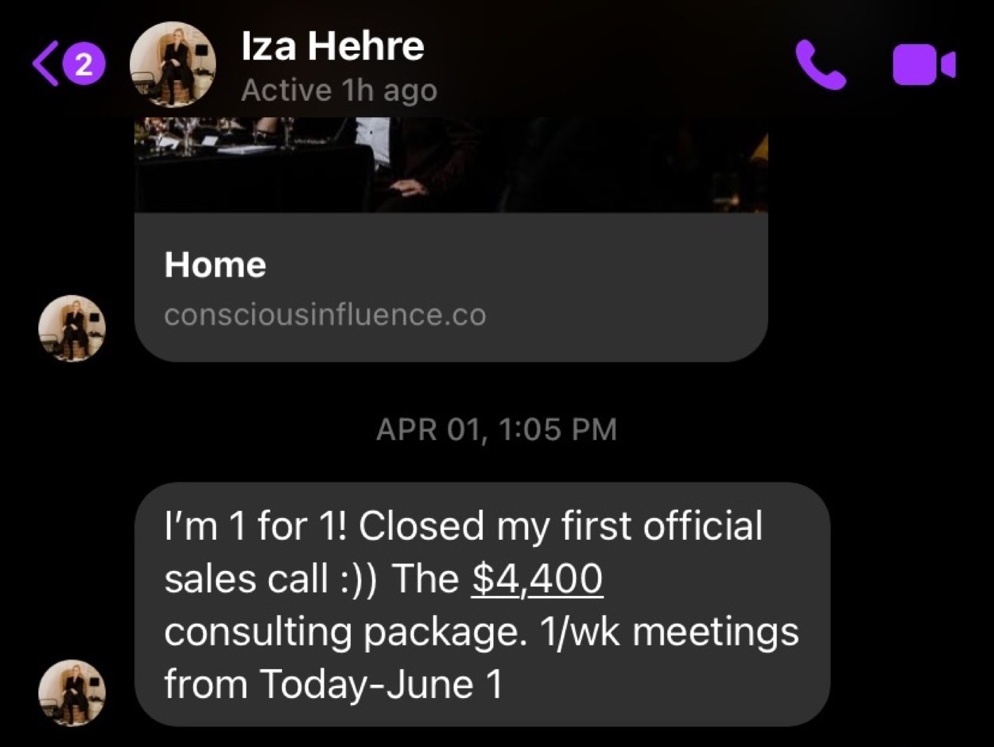 Member message from Iza Hehre: closed my first official sales call, a $4,400 consulting package